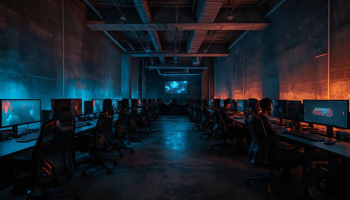 Industrial-chic hall with exposed concrete and blue-lit rows of stations at FURNACE