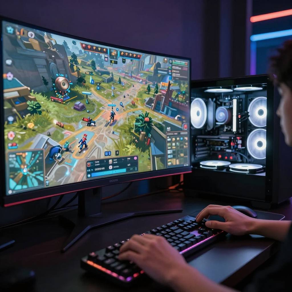 Curved gaming monitor running fast-paced gameplay in a dark room at FURNACE