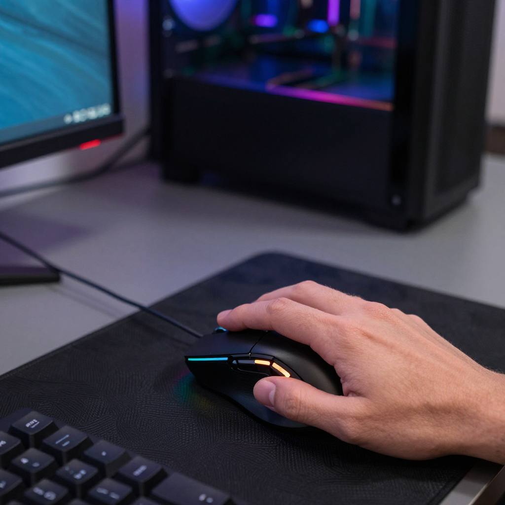 Close-up of a hand on a gaming mouse beside a dual-monitor setup with RGB lighting at FURNACE